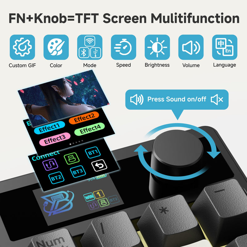 BOYI TD31Pro Mechanical Numpad,Mini Keyboard with Screen&Knob,Bluetooth5.0/2.4G/Type-C Wireless Numeric Keypad,Gasket HotSwap RGB Number Pad,PBT Keycaps Rechargeable Number keypad for PC(Black-Grey) Black-Grey