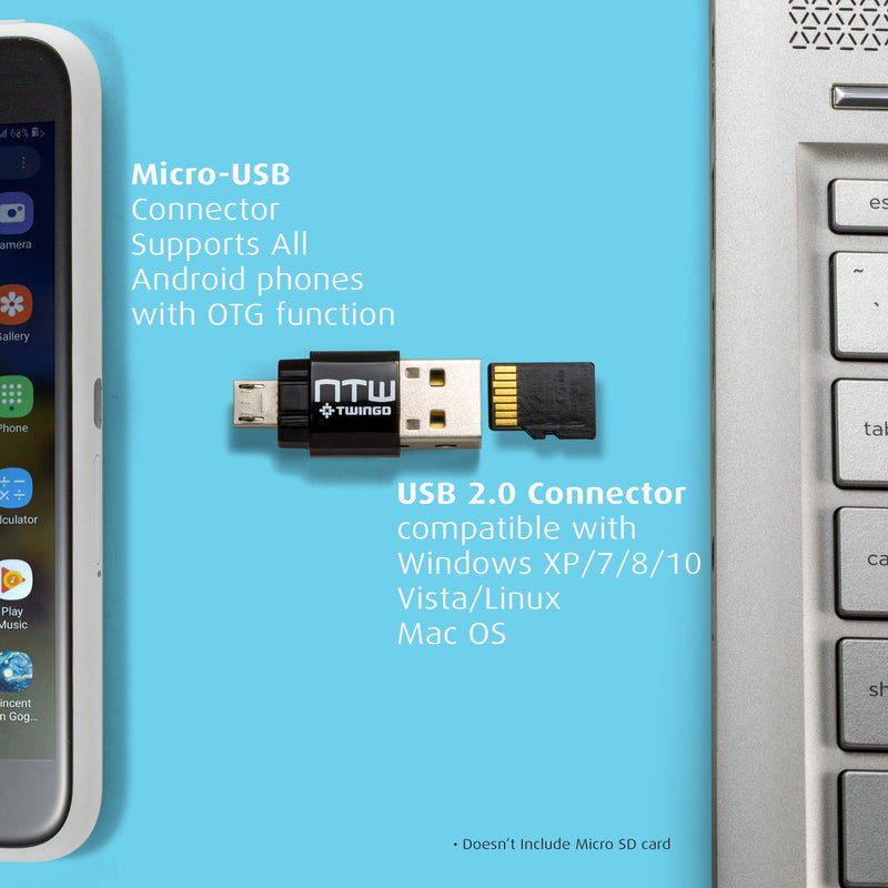 NTW Twingo: Micro SD Card Reader/ Memory Card Reader/ USB 2.0 Adapter/ Micro USB OTG/ Portable Micro SD Card Reader for Android Phone/MacBook/ PC/ Tablets - 2 Pack
