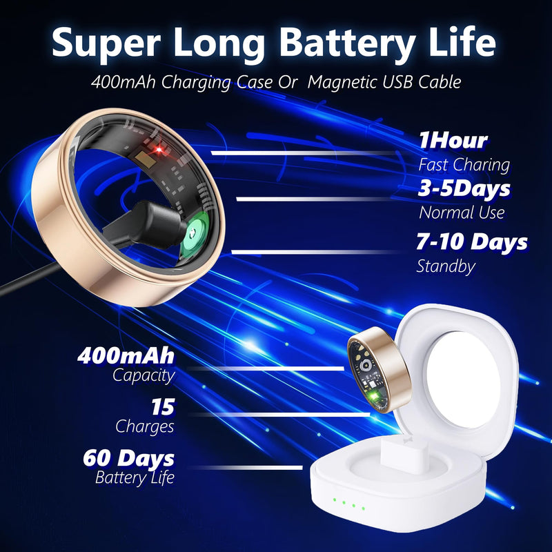Smart Health Ring Fitness Tracker for Men Women, Sleep, Stress & Activity Monitoring, IP68 Waterproof, Long Lasting Battery, No Subscription Fees, Compatible with iOS & Android, Gold 7