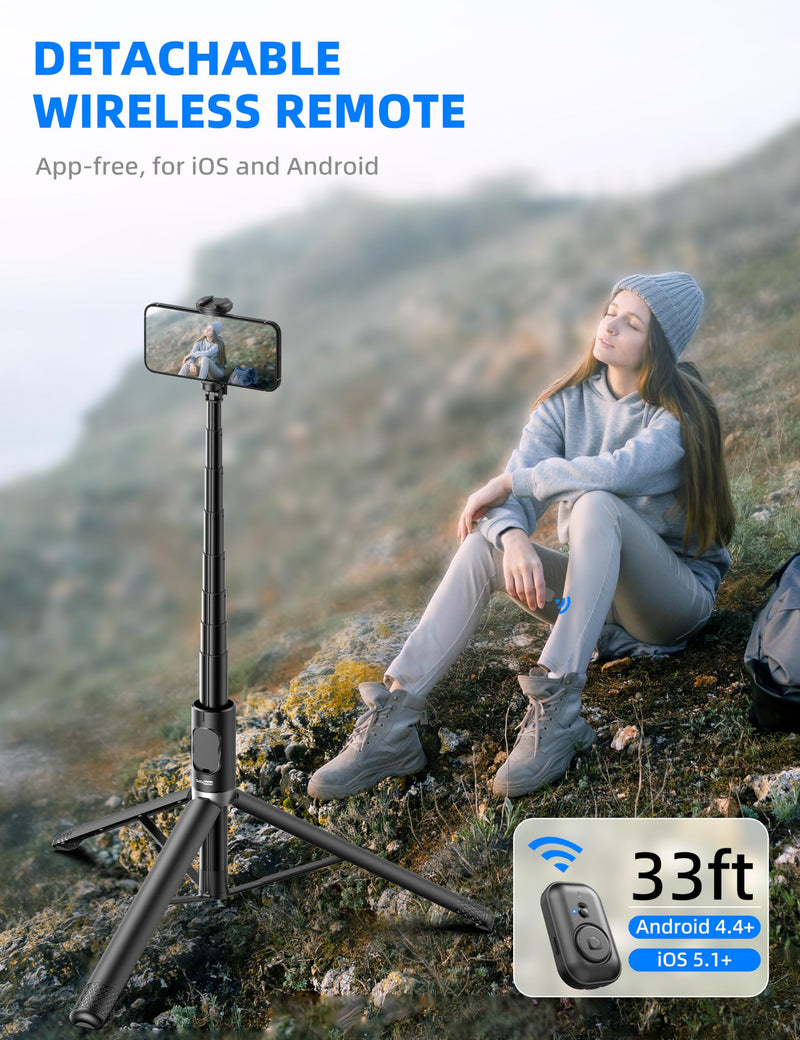 72" Cell Phone Selfie Stick Tripod, Aluminum Phone Tripod All-in-1 with Integrated Remote, Portable Extendable Smartphone Tripod Stand Lightweight Travel Tripod Compatible with iPhone 15/14/13/Android