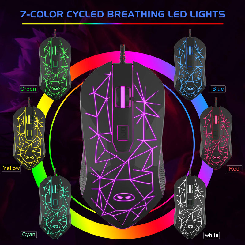 MageGee G6 Wired Gaming Mouse, Ergonomic USB Optical Mouse with 7 Colors Breathing LED Backlit, 6 Adjustable DPI Levels from 600 to 3200 for Laptop PC Computer Games & Work, Black