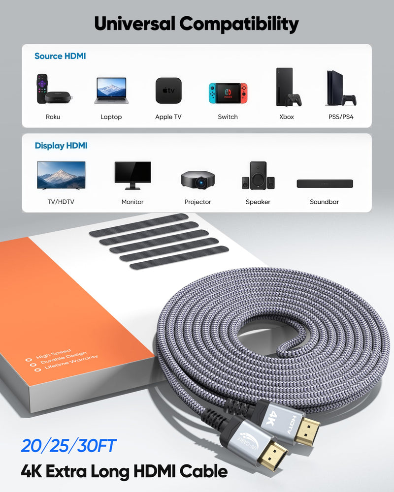 Long HDMI Cables 20 FT, 4K High Speed Slim HDMI 2.0, CL3 In-wall Certified | 4K@60Hz Durable Braided with 3D, HDR, ARC for HDTV, Projector, Monitor, Xbox, Security Camera (Reusable Cable Tie*5) 20FT Grey 1