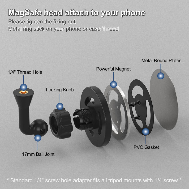 [AUSTRALIA] - Magnetic Phone Tripod Mount Adapter with 1/4"-20 Screw Hole, Compatible with Magsafe for iPhone 17/16/15/14/13 Plus Pro Max Mini Series, Adjustable Phone Holder for Tripod, Ring Light, Selfie Sticks 