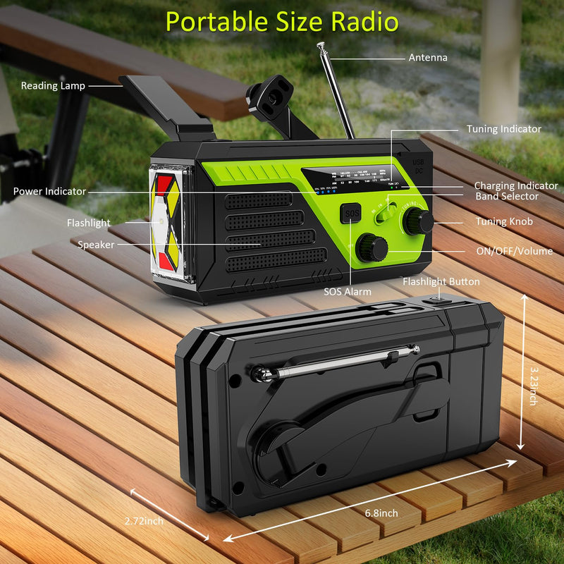 Weather Radio 22000mWh AM FM NOAA Emergency Radio with 4 Charging Cables, Flashlight, Reading Light, SOS Alarm, Phone Charging Hand Crank Radio for Home Outdoor Emergencies. Green