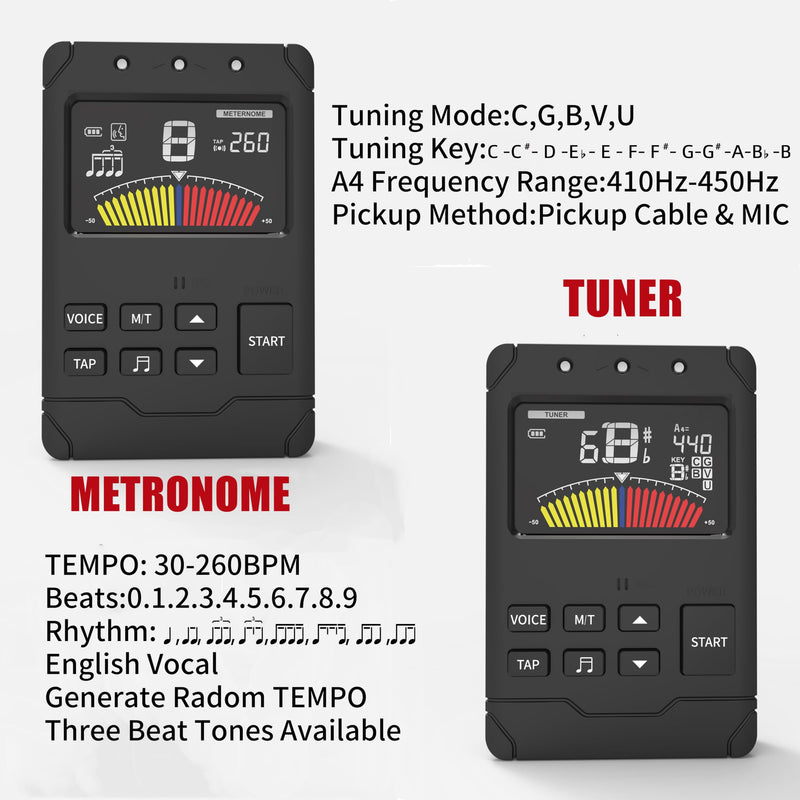 Rechargeable Metronome Tuner Combo for Guitar, Bass, Piano,Drum,Violin and Orchestral Instruments,Precision Tuning,Multiple Rhythm Modes,Three Beat Tones & Human Voice Count,8+ Hours Runtime