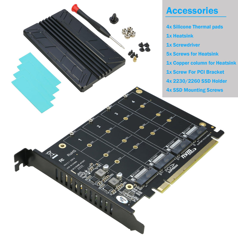 [AUSTRALIA] - Quad NVMe PCIe Adapter, RIITOP 4-Port NVMe to PCI-e 4.0/3.0 x16 Expand Controller Card with Heatsink for 2280/2260/2242/2230 M.2 NVMe SSD (PCI-e Bifurcation Required) 