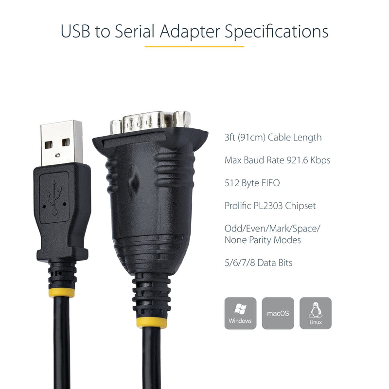 StarTech.com 3ft (1m) USB to Serial Cable, DB9 Male RS232 to USB Converter, Prolific IC, USB to Serial Adapter for PLC/Printer/Scanner/Switch, USB to COM Port Adapter, Windows/Mac (1P3FP-USB-SERIAL) | USB to Serial Converter, for PLC, Printer, Scanner,...