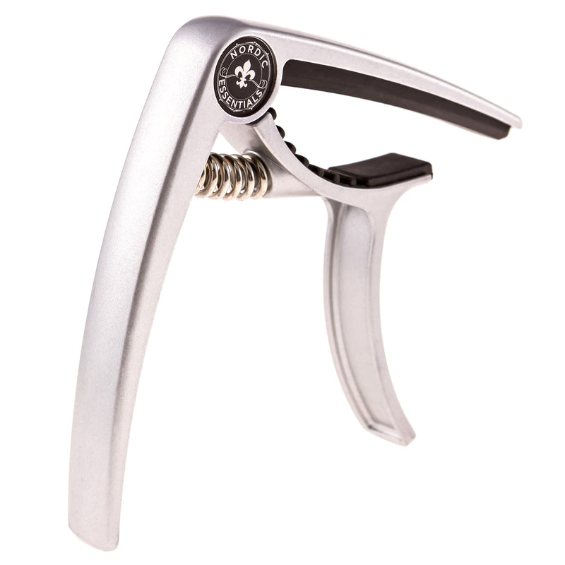Guitar Capo Deluxe for Acoustic Guitars, Ukulele, Banjo, Mandolin, Bass - Made of Premium Quality Zinc Alloy for 6 & 12 String Instruments - Luxury Accessories by Nordic Essentials Classy Matte Silver