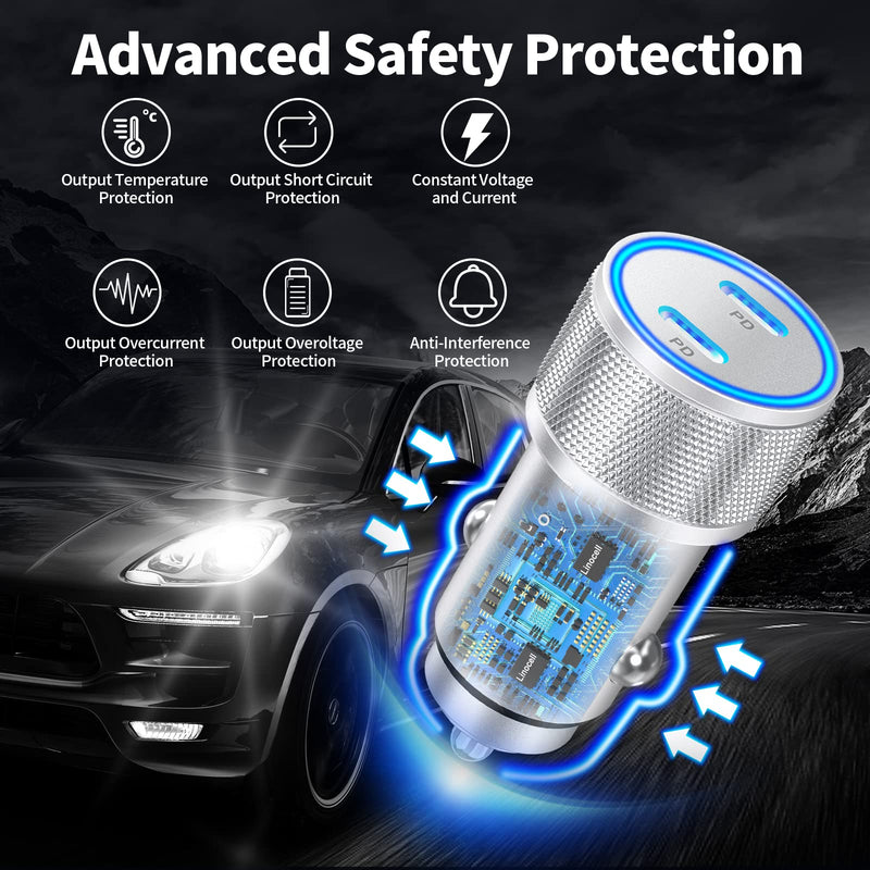 【MFi Certified】iPhone Fast Car Charger, Linocell 60W Dual PD USB-C Car Charger Fast Charging Cigarette Lighter+2Pack Type-C to Lightning Cable for iPhone 14 13 12 11 Pro XS Max Mini XR X iPad AirPods Titanium Silver