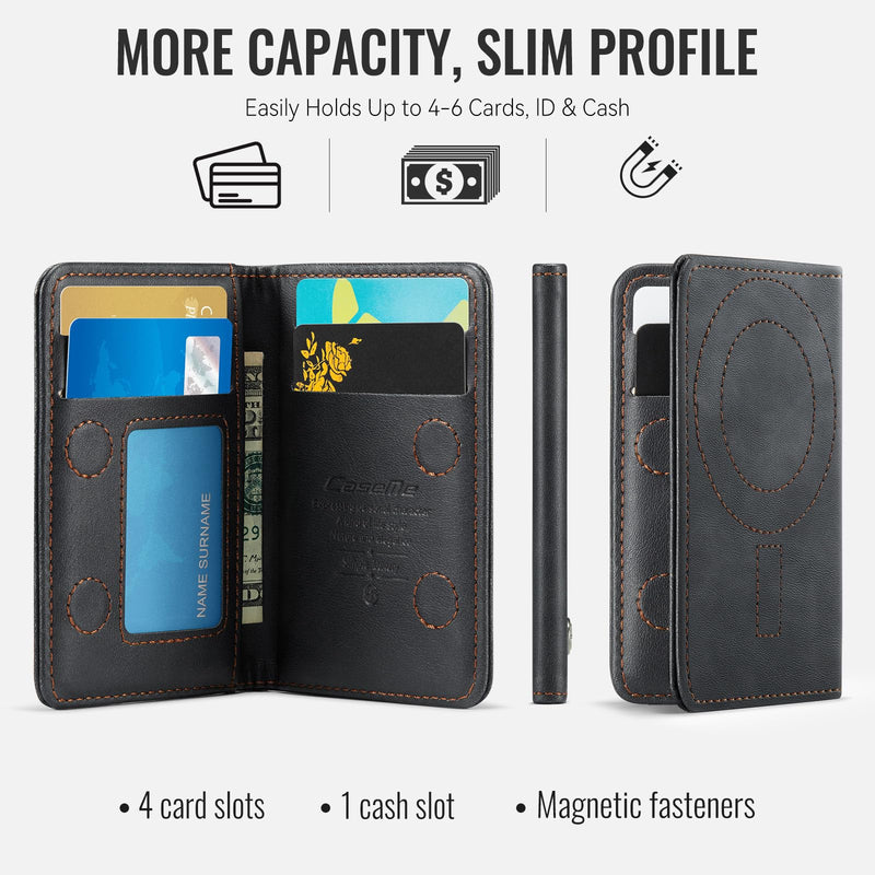 Magnetic Wallet Card Holder with RFID Protection, PU Leather Slim Wallet, Strong Magnet Attachment for iPhone 18/17/16/15/14/13/12 Series Pro Max Plus Mini-Black Black