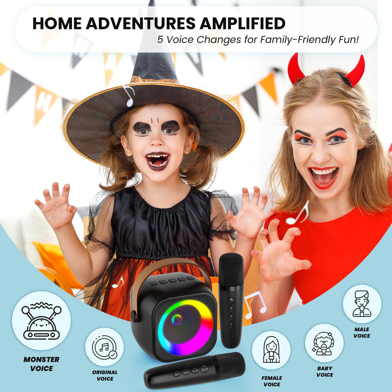 Mini Karaoke Machine, Portable Bluetooth Karaoke Speaker with 2 Wireless Microphones and Party Lights for Kids and Adults, Birthday Gifts for Girls Boys Family Home Party Black 2 Mics