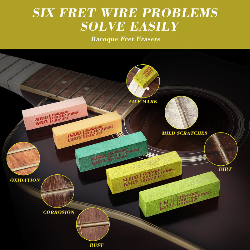 Guitar Fret Erasers, Fret Polishing Abrasive Rubber Blocks, Fret Cleaner Kit, Fret Polish Kit for Fretwire String and Metal, Set of 5 Grits (180 & 400 & 1000 & 1500 & 2000 Grit) 180&400&1000&1500&2000 Grit