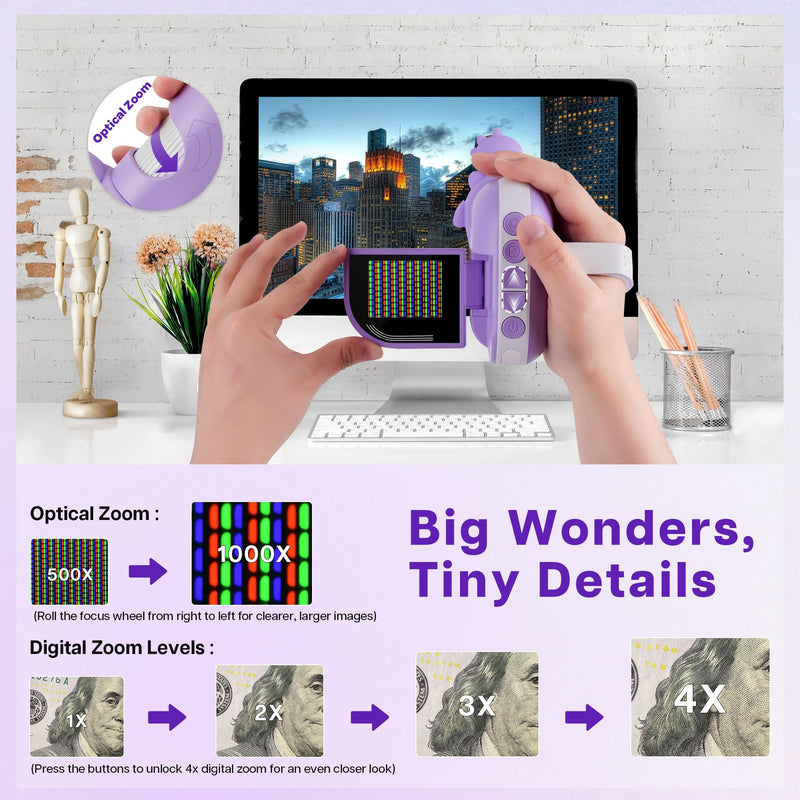 Dino Microscope for Kids, 1000x Portable Digital Microscope Camera with 2" Screen, Educational Science Kit Birthday Gifts for Kid Age 4-12, 32GB TF Card Included Violet