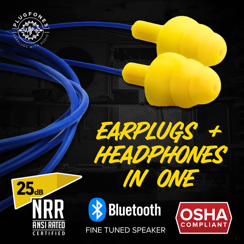 Plugfones Basic Pro Bluetooth Earplug Headphones for Work, OSHA Compliant | 25dB NRR Hearing Protection Earplugs, Wireless Safety Earbuds, Noise Isolating Mic, Construction, Warehouse, Blue & Yellow Blue, Yellow