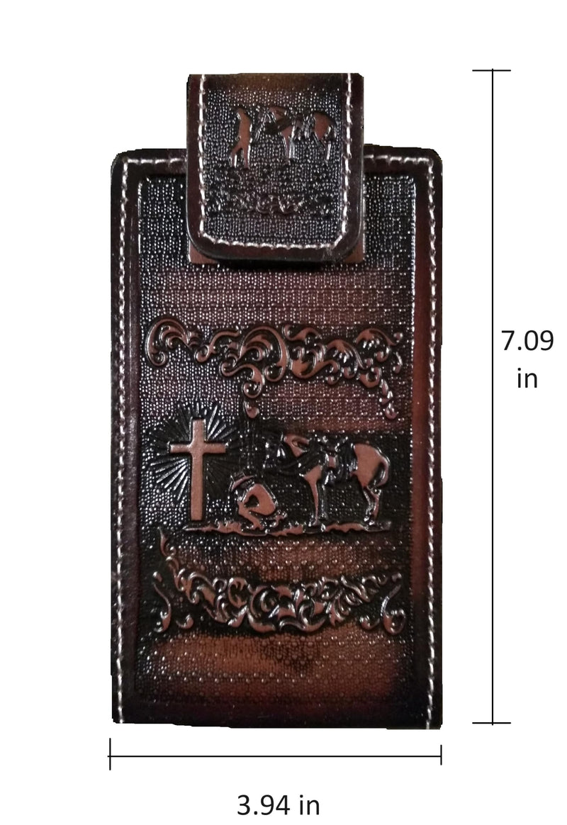 Western autentic Tooled Leather Mexican Cell Phone case for Belt. Men and Horse Pray Design. with Magnetic Closure. Universal Size (Brown) brown