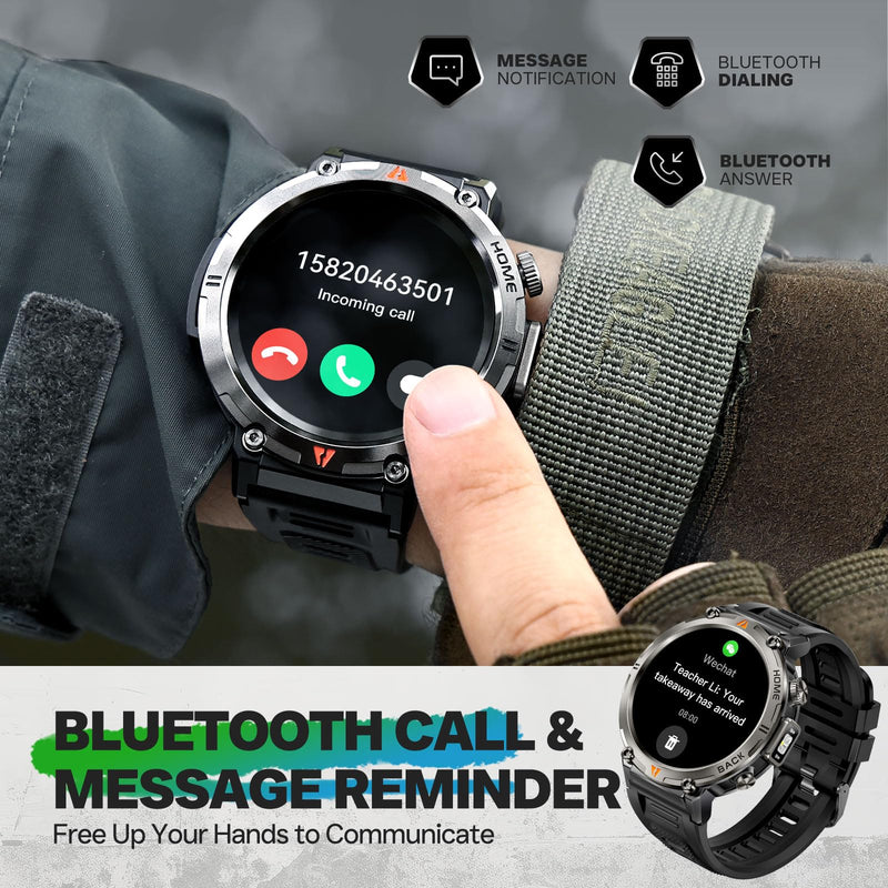 Military Smart Watch for Men, GPS Watch with Flashlight 3ATM Waterproof | Rugged Tactical Smartwatch with Bluetooth Calling Compass 1.45'' HD Sports Watch Fitness Watch Compatible with iPhone Samsung BK