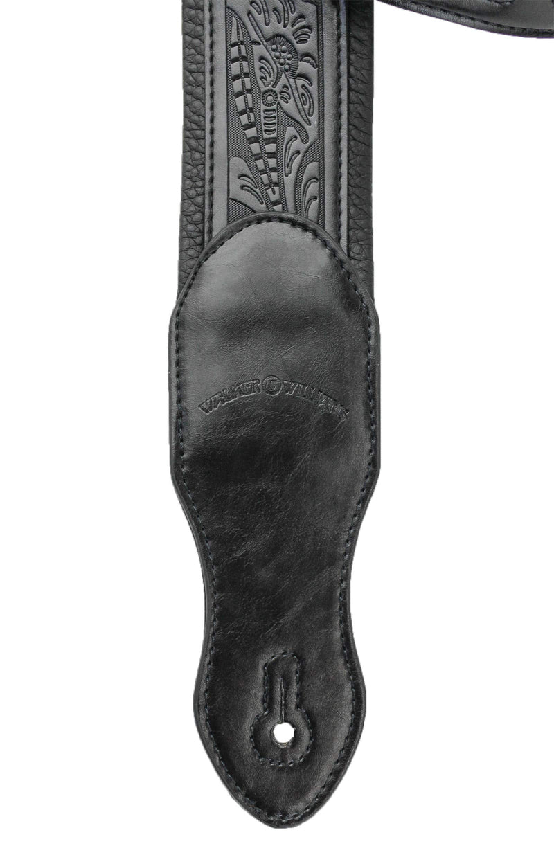 Walker & Williams G-118 Black on Black Padded Guitar Strap with Embossed Tooling & Padded Glove Leather Back For Acoustic, Electric, And Bass Guitars