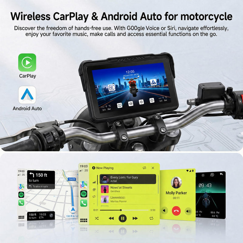Rimoody 7-Inch Motorcycle Carplay Screen with Wireless Carplay Android Auto for Car, Bluetooth, Supports GPS Navigation, IP68 Waterproof, Detachable Mount, Tire Pressure Monitor, Voice Control 7 Inch Tire Pressure Detection