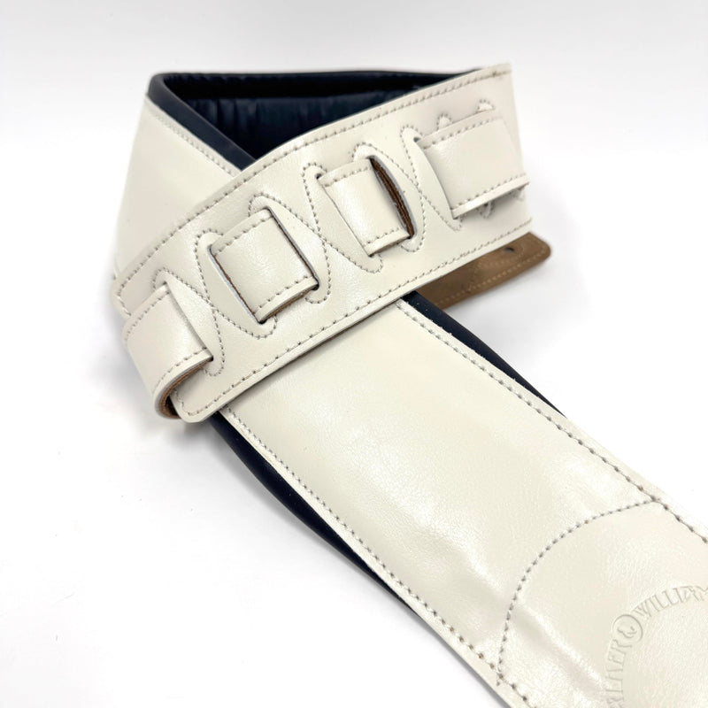 Walker & Williams B4B-WHT Aged White Semi Gloss 4" Wide Double Padded Premium Heirloom Grain Leather Guitar And Bass Strap For Acoustic, Electric, And Bass Guitars