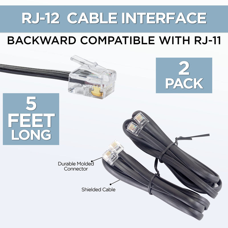 Volcora [2 Pack 5 Feet RJ11 / RJ12 Data Cable - Heavy Duty 6-Pins High-Speed Extension for Cash Register Drawer, Telephone, Modem, Fax, Printers, and More - Drawer Cable for Voice and Data 2 5 ft