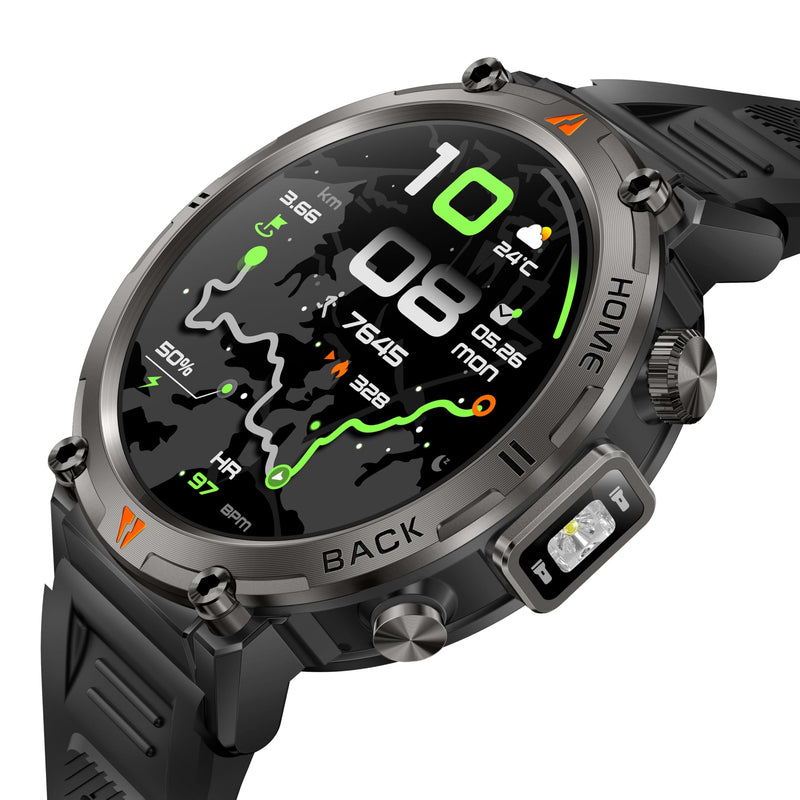 Military Smart Watches for Men Built-in GPS LED Flashlight Smartwatch | Rugged Tactical Smart Watch 3ATM Waterproof Compass Calls 530mAh Battery Fitness Tracker with HR/Sleep Monitor iOS Android KE3P Black