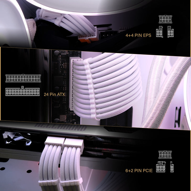 EZDIY-FAB PSU Extension Cable Sleeved Custom Mod PC Power Supply Cable, Soft Nylon Braided with Comb Kit 24PIN/8PIN to 6+2Pin/ 8PIN to 4+4PIN-30CM 300MM - All White Edition Pure White