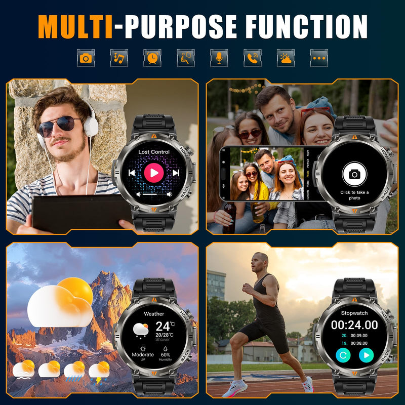 Military Smart Watches for Men Built-in GPS LED Flashlight Smartwatch | Rugged Tactical Smart Watch 3ATM Waterproof Compass Calls 530mAh Battery Fitness Tracker with HR/Sleep Monitor iOS Android KE3P Black