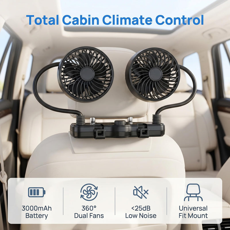 3000mAh Rechargeable Car Seat Fan, Dual Head 360° Flexible Headrest Fan for Car Backseat, Quiet USB Vehicle Cooling Fan with Storage Hooks for Rear Facing, Pets, SUV
