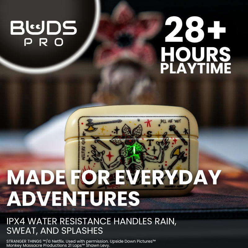 Buds Pro Stranger Things Hellfire Club Wireless Bluetooth EarBuds & Phone Holder - In Ear Headphones with Microphone, 28+ Hours Playtime, Active Noise Cancelling Earbuds, IPX4 Rating & Charging Case