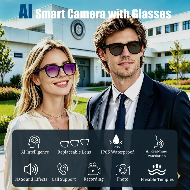 AI Smart Glasses with Camera,4K HD Camera Glasses with EIS Image Stabilization,Video Recording Glasses with AI Assistant,Wi-Fi+Bluetooth 6.0 Transfer,Replaceable 3 Lens,Real-Time Translation