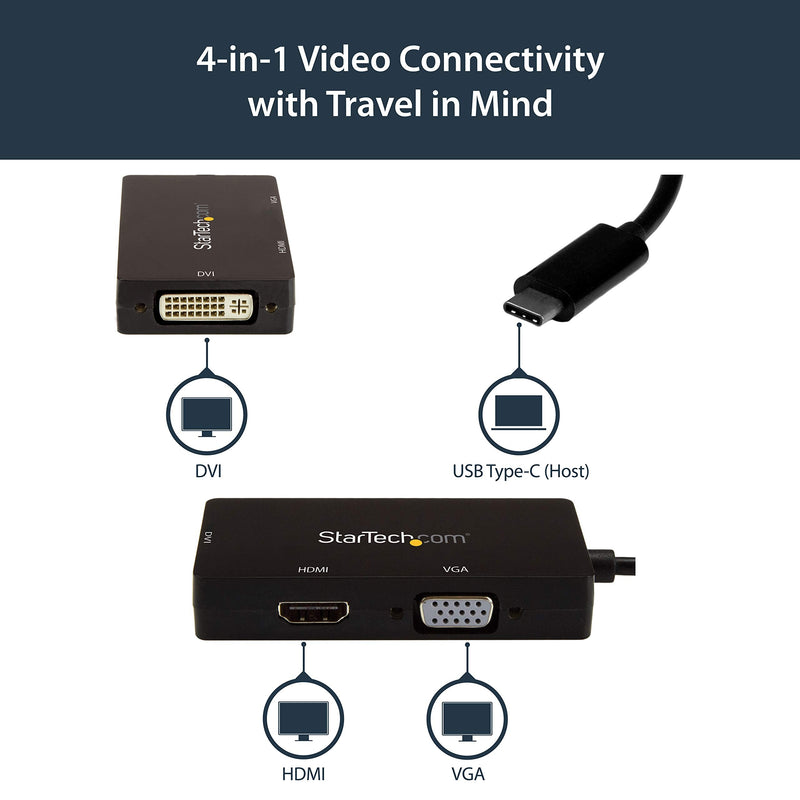 StarTech.com 4K USB C to HDMI, VGA & DVI Multi Port Video Display Adapter for Mac / Windows Laptop & Monitor (CDPVGDVHDBP) Black