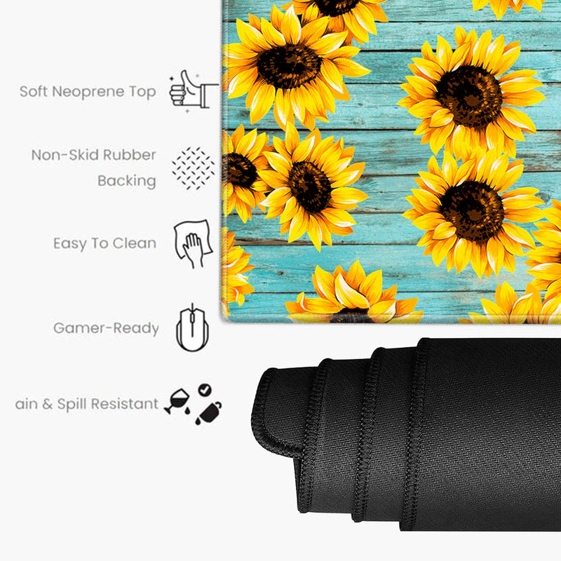 Keyboard Wrist Rest and Desk Mats On Top of Desks- Sunflower Desk Pad Wrist Rests for Keyboard and Mouse 31.5" x 15.75" Large Mouse Pad XXL Desk Organization Decor for Women Office Sunflower Teal