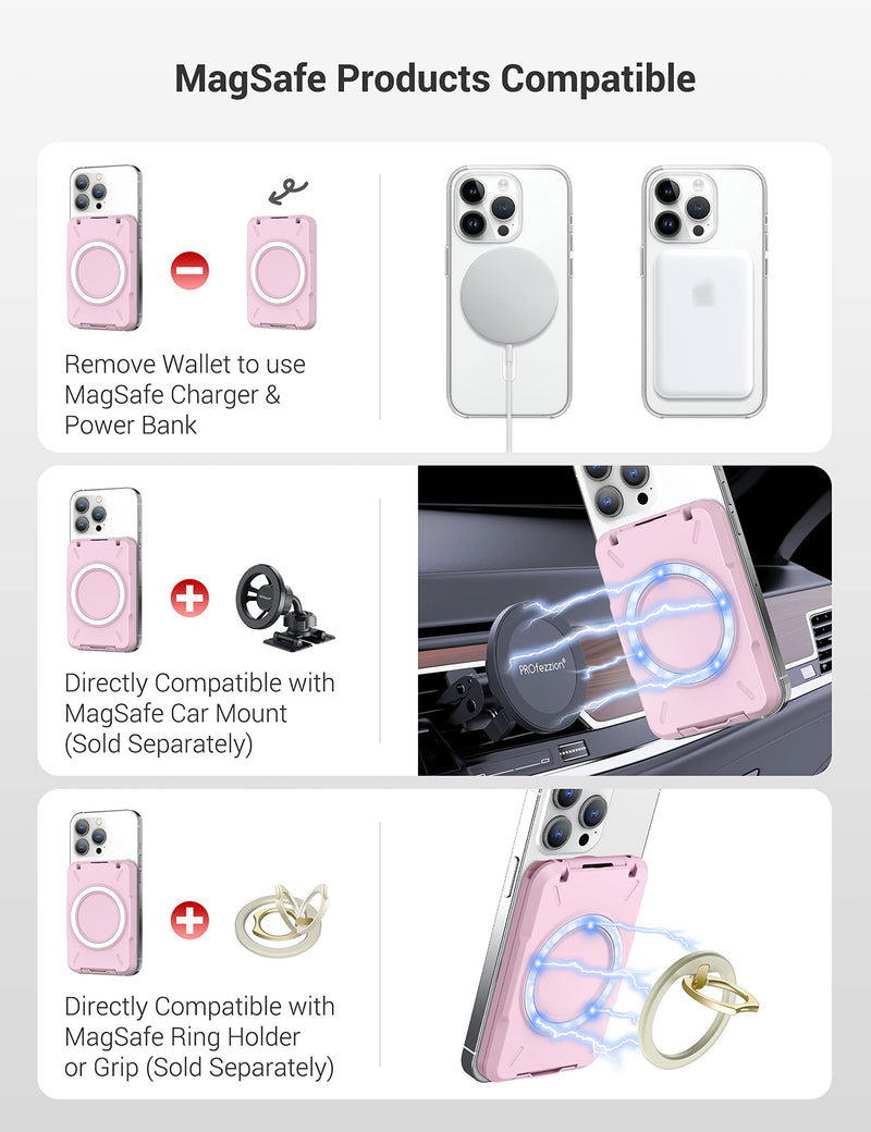 PROfezzion 2-in-1 for MagSafe Wallet Stand, RFID Blocking Magnetic Card Holder Fit 4 Cards, Detachable Hard Shell Wallet for iPhone 15 14 13 12 Pro Max Plus & MagSafe Case (Not for 13/12 Mini) Pink