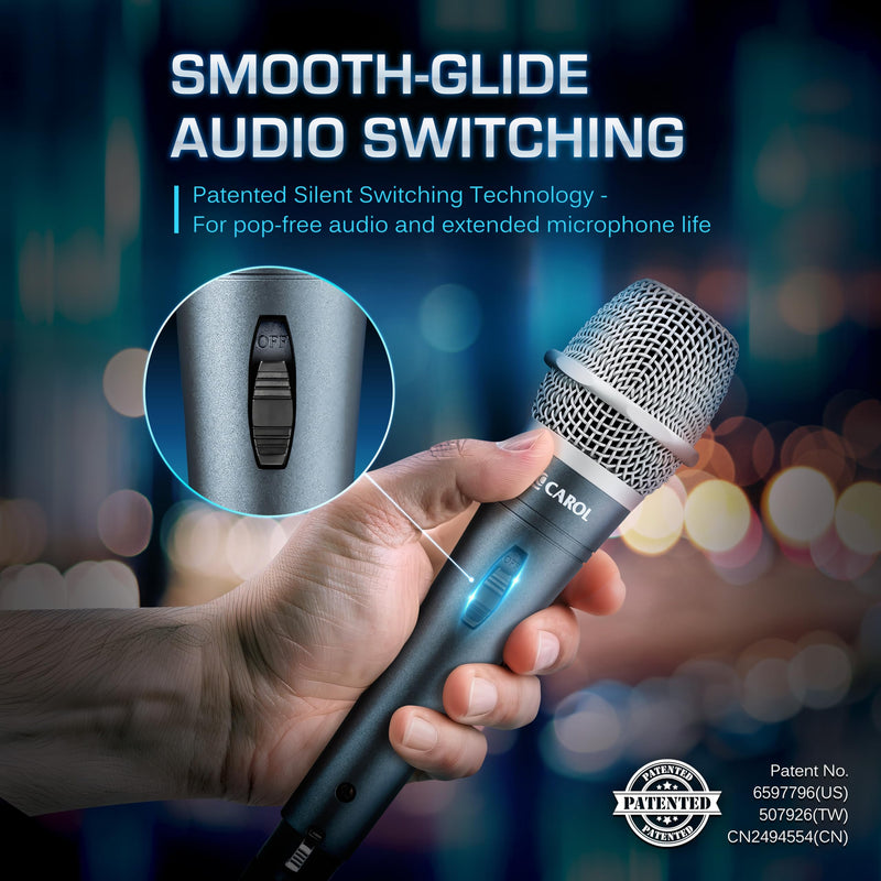 CAROL E dur-916S Silver XLR Wired Vocal Microphone for Singing – Dynamic Supercardioid Mic with Dual Shock Mount System for Karaoke & Public Speaking, Includes Mic Clip, 14.8ft XLR Cable & Switch