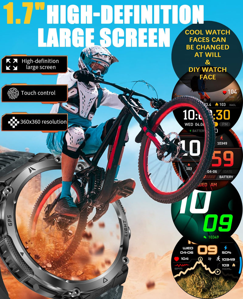 Men's Military Smart Watch with GPS,Compass for Outdoor 1.7" HD Big Face | Fitness Tracker with Bluetooth Calling,Heart Rate/Sleep Monitor/100+ Sports Modes,Long Battery,for Android & IOS 2 Bands Camouflage Black