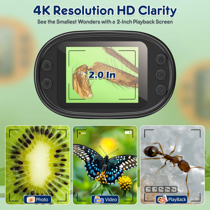 1000X Handheld Microscope for Kids 4K 2.0" Screen Rechargeable Mini Pocket Digital Microscopes w/Slides Kit Portable Edu Gift Age 4-6 8-12 Children Students (Grey)