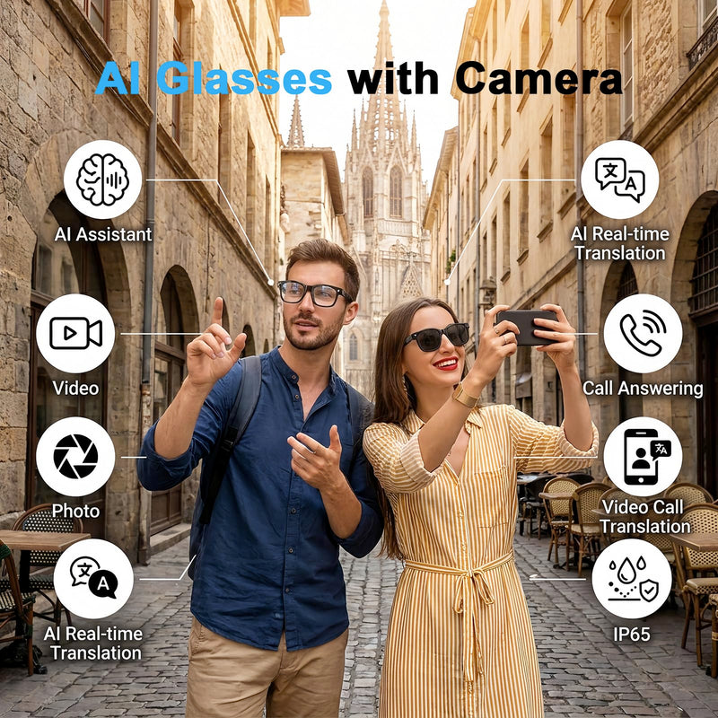 AI Smart Glasses with Camera, 8MP HD Bluetooth Camera Glasses for Women Men | 1080P Video Recording Sunglasses, Real Time Translation, Voice Assistant, Open Earbuds, Travel, Work, Vlog Night Black