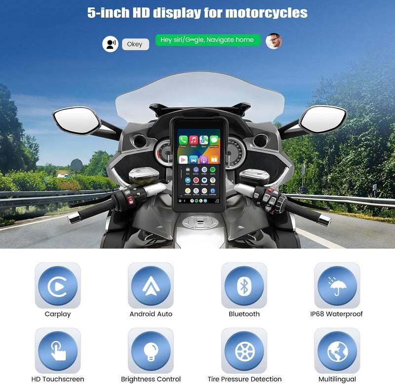 Motorcycle Carplay Screen GPS Navigation System with Wireless Carplay and Android Auto, 5 Inch Portrait Car Play for Moto Waterproof Siri G00gle Assistant P2-5 inch