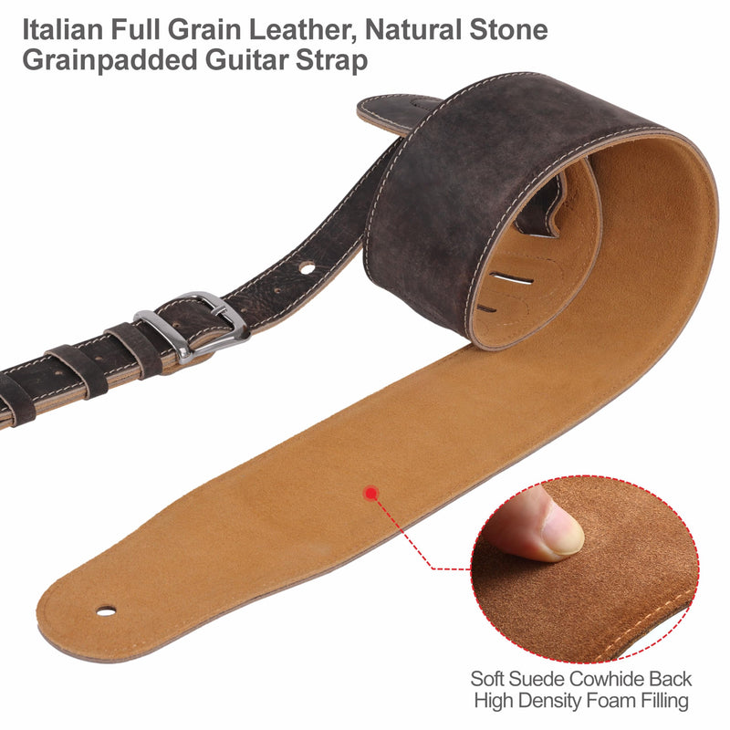 Nefelibata 3" Wide Extended Guitar Strap, Full Grain Cowhide Leather with Foam Padding and Detachable Extension Strap for Heavy Duty Guitars like Bass and Electric Guitar Brown