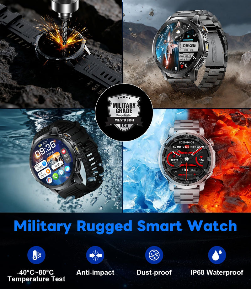 Military Smart Watch for Men Answer/Make Call, 1.85'' HD Rugged Smartwatch with 1000mAh Battery/Flashlight/Heart Rate/110+ Sports Mode, IP68 Waterproof Fitness Tracker Watch for Android iPhone Black