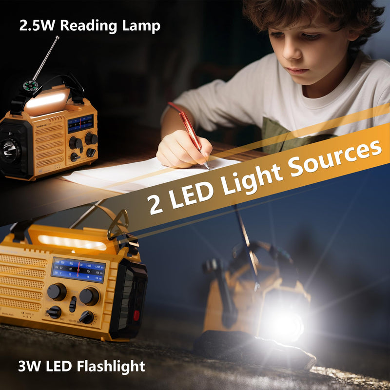 [AUSTRALIA] - 5000 Weather Radio,Solar Hand Crank 5-Way Power Emergency Radio,AM/FM/Shortwave/NOAA Alert Survival Portable Radio,Power Bank USB Charger,Camping Flashlight,Reading Lamp,Headphone Jack,SOS,Compass Yellow 