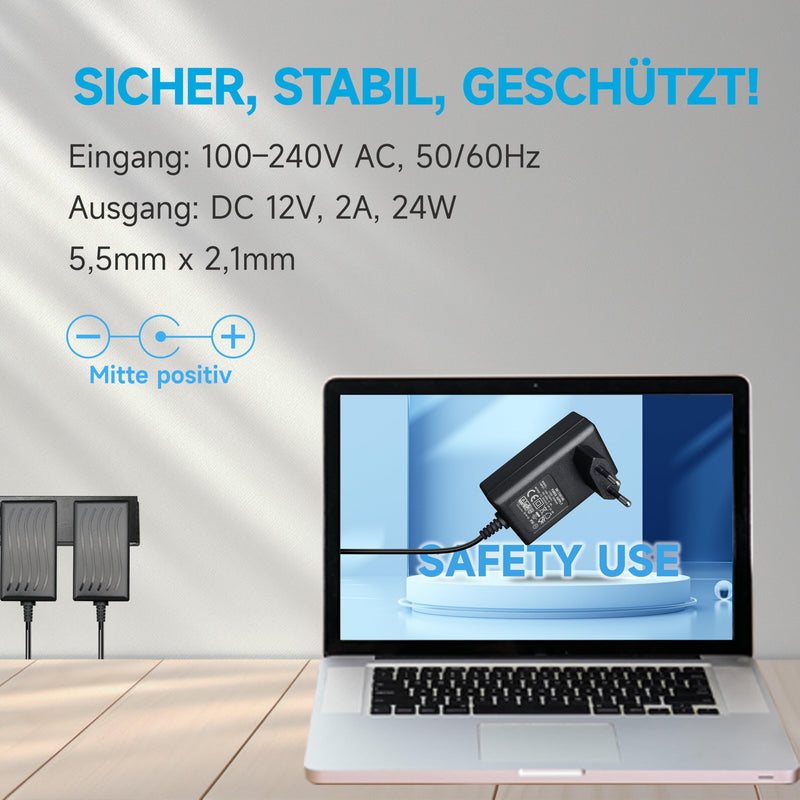 12V 2A/2000mA Power Supply Adapter, AC 100-240V 50/60Hz to DC 12V 2A/2000mA 24W, 5.5 x 2.1mm Wall Charger, Middle Positive, 1.8m Long 20AWG Cable for Stable and Flexible Use 12V-2A