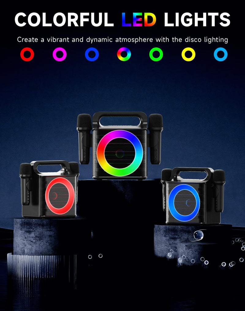 SINWE Portable Karaoke Machine with 2 Wireless Microphones - Bluetooth Singing Device with Colorful Lights & 15W Speaker for Christmas, Birthday Parties, Weddings & Home Entertainment