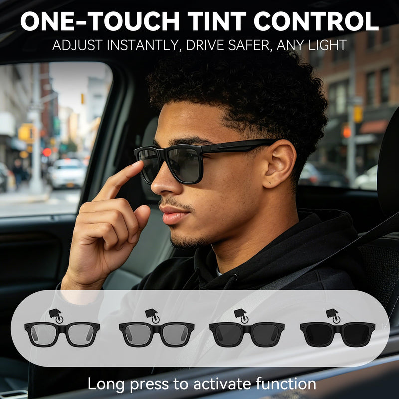 2026 Smart Audio Glasses with Electrochromic Lenses, Adjustable Tint Sunglasses for Driving,Travel,Daily Use,Open Ear Bluetooth 5.4, AI Translation, Premium Tech Gadget Gift for Men Women BLACK