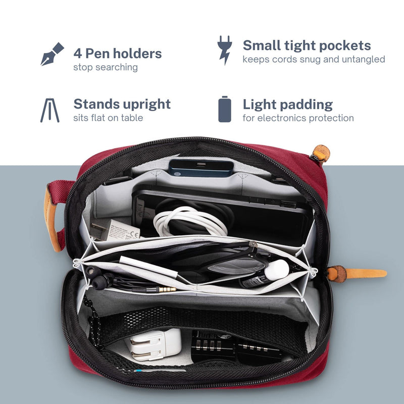 Tech Bag Organizer - Small Electronics Organizer Pouch for Travel - Premium Travel Case with Leather Accents - Mesh Pocket for Cables, Cords and Chargers (Red) Red