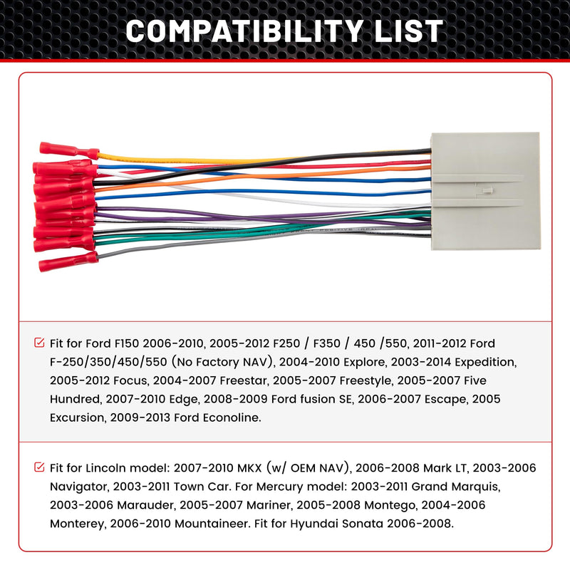 RED WOLF Radio Harness Compatible with Ford 2003-Up F150 Focus Explorer Lincoln MKX for 2006-2008 Hyundai Sonata Install Aftermarket Stereo Power Speaker Wiring Harness w/Connector Butt