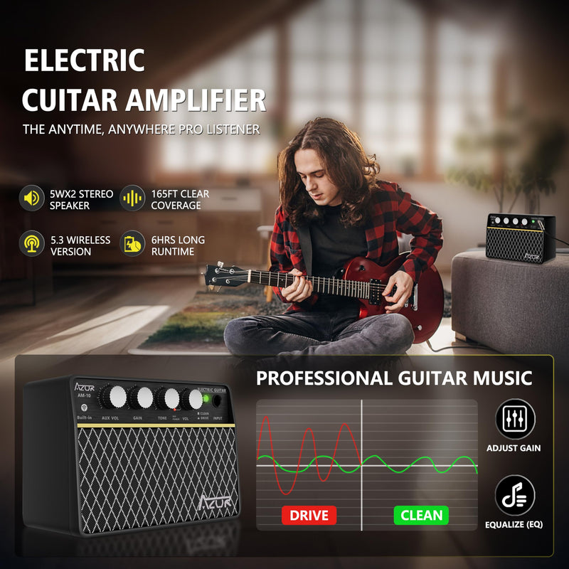 [AUSTRALIA] - AZOR Guitar Amp, 10W USB-C Rechargeable, 6H Working Mini Electric Guitar Amplifier Wireless Amp with Clean/Drive Channels with 3.5mm Headphone/AUX Jack Output for Indoor Practice ABA-10 