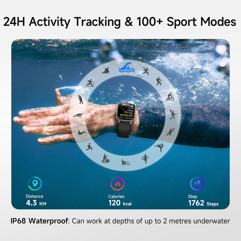 Smart Watch for Men Women, 1.85" (46mm) Smartwatch Compatible iPhone/Samsung/Android (Answer/Make Calls), 100+ Sport Modes Fitness Tracker with Heart Rate/Sleep/SpO2 Monitor, IP68 Waterproof, 2 Bands