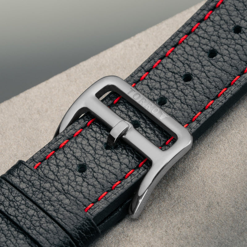 TORRO Leather Watch Strap Compatible with Apple Watch (All Series, SE and Ultra) – Genuine Leather Watch Band with Stainless Steel Buckle Black with Red Detail 42mm, 44mm, 45mm, and 49mm