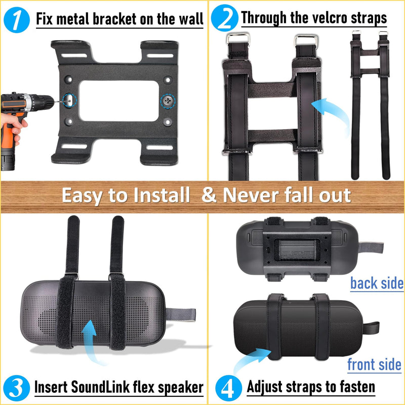 Metal Wall Mount for Bose SoundLink Flex Speaker (2nd Gen) ceiling Bracket | secure stable holder with adjustable straps for bose soundlink flex protable audio for Jet Ski/Snowmobile/Boat/PWC's,black